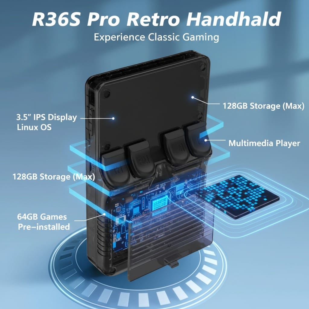 Consola de videojuegos retro portátil R36S Pro, con sistema Linux de alto rendimiento, pantalla IPS de 3.5 pulgadas con un amplio almacenamiento de juegos clásicos sin límites.