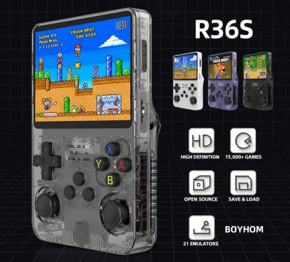 Portable R36S Pro Retro Game Console, featuring a high-performance Linux system, a 3.5-inch IPS display, and massive storage packed with unlimited classic games.